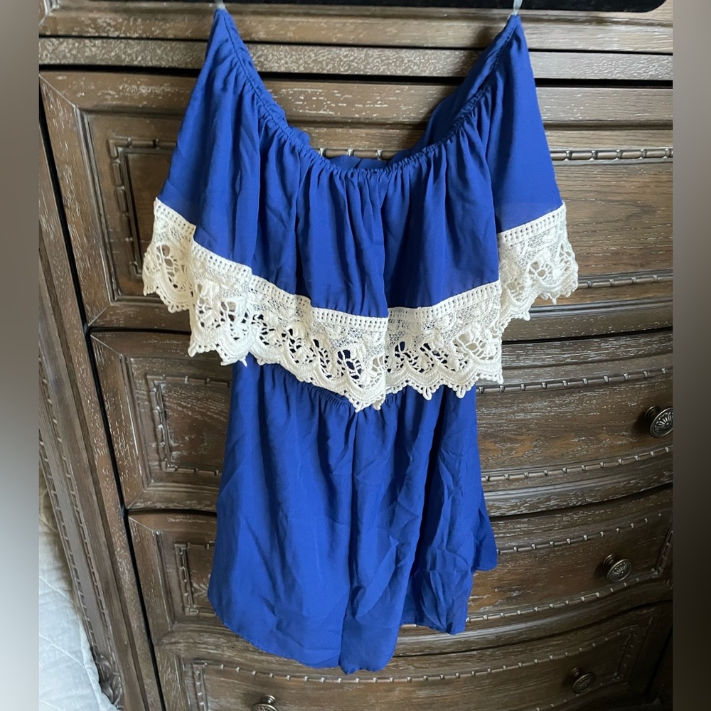 Blue with white lace trim strapless romper - size small
